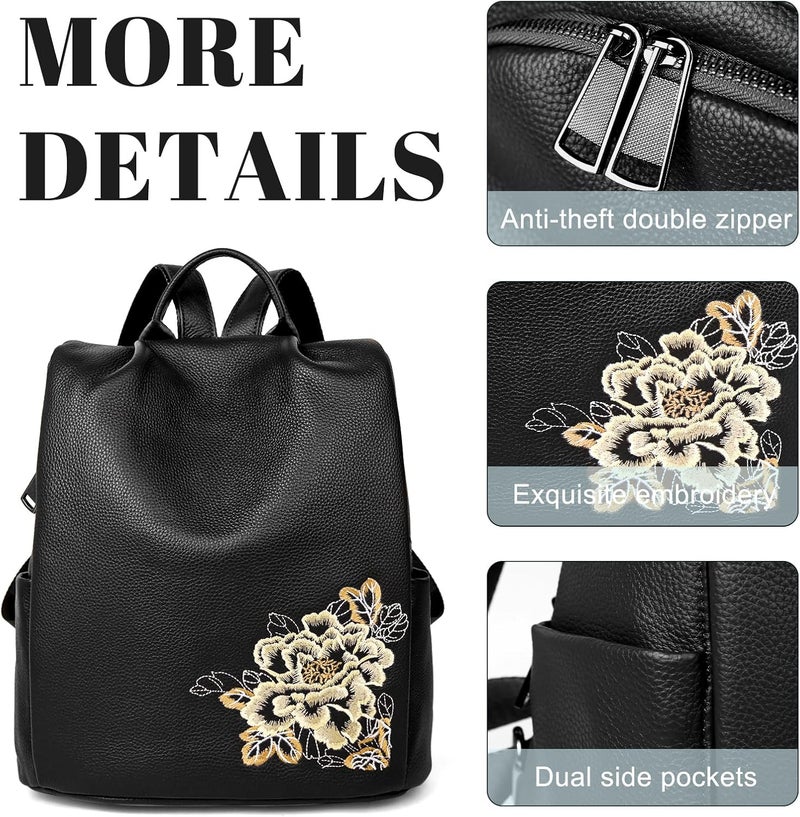 BOYATU Genuine Leather Backpack for Women: Elegant Floral Designer Purse - Small Shoulder Bag for Travel (Black) - Image 4